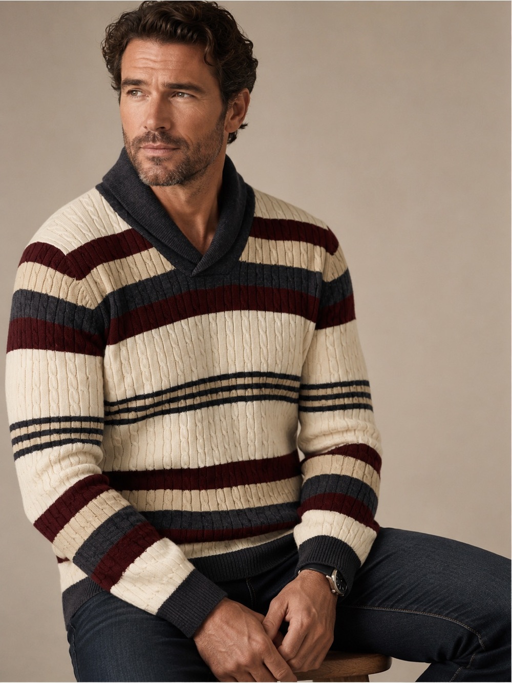 Murano Cream Cable-Knit V-Neck Sweater with Burgundy & Dark Green Stripes